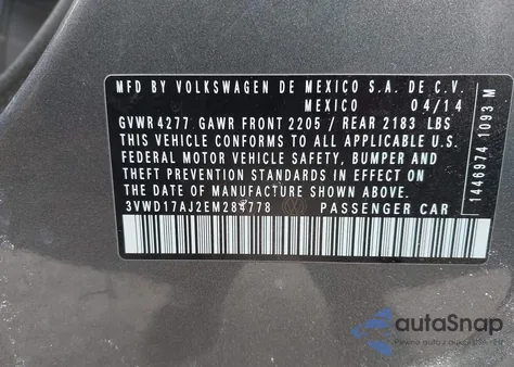 2014 Volkswagen Jetta 1.8T Se z USA, uszkodzony, nr VIN 3VWD17AJ2EM284778